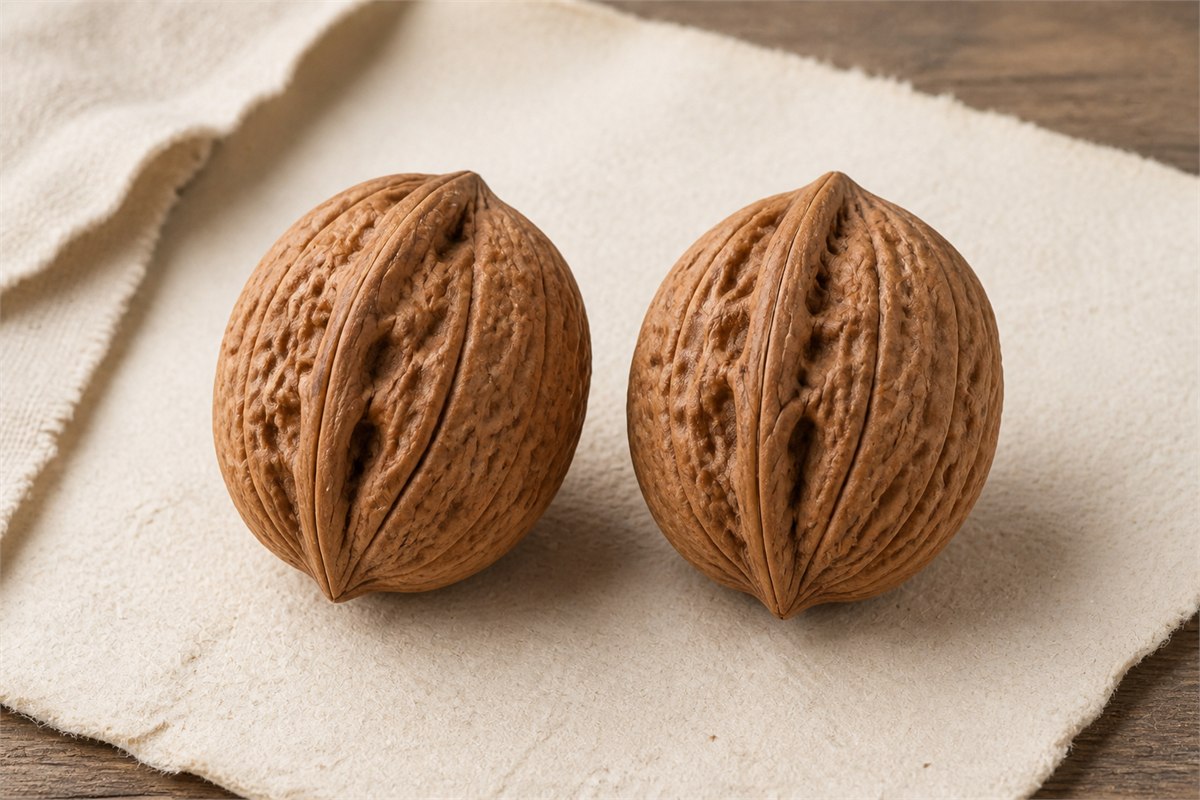 Two coordinated ridged Wenwan walnuts with small natural differences on ivory cloth