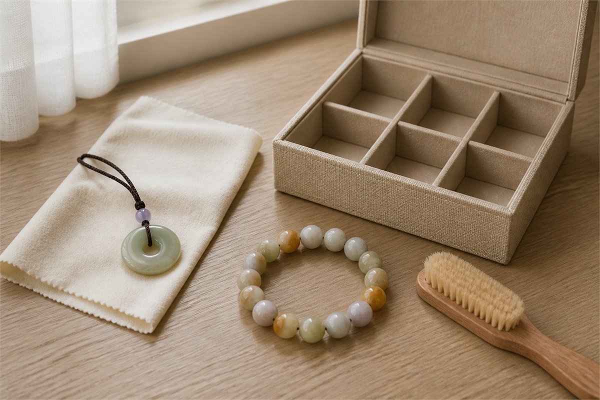 Pendant and bead bracelet beside a soft dry brush, ivory cloth, and empty storage box