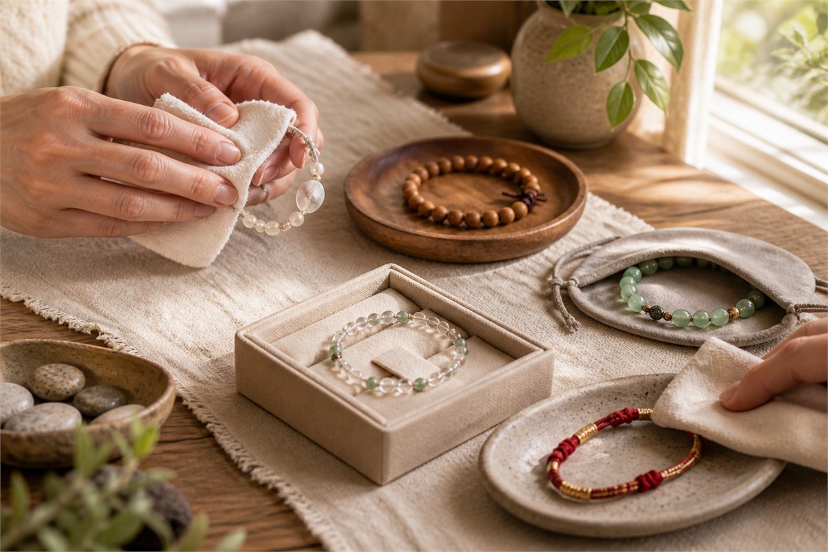 Pearl, wood, gemstone, glass, and cord bracelets receiving separate gentle care