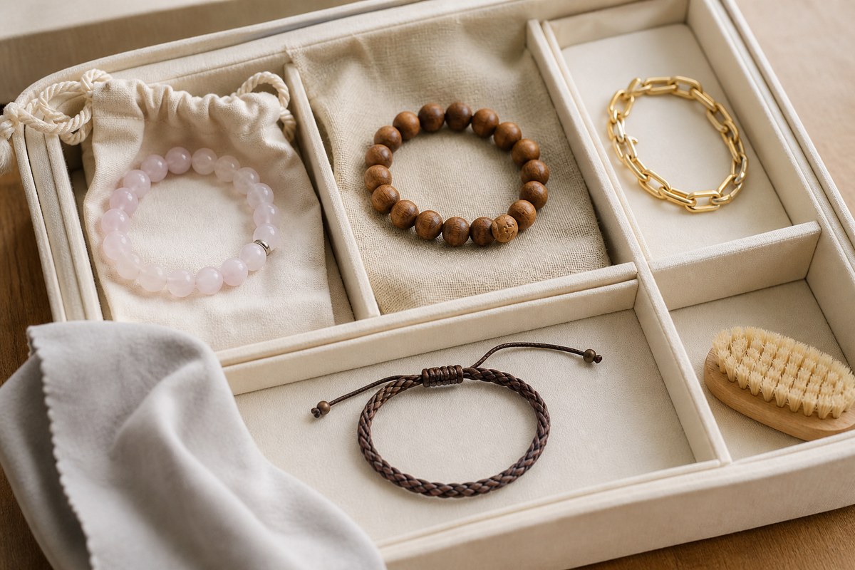 Stone, wood, braided cord, and metal bracelets separated in a padded ivory organizer with a soft cloth