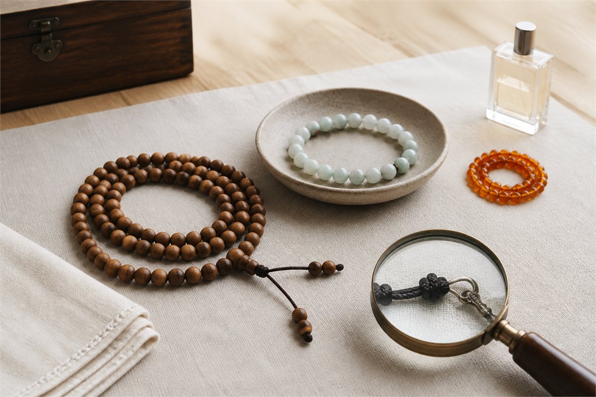 Wooden, pale stone, and amber-colored bead strands arranged for dry inspection with a soft cloth and magnifying glass