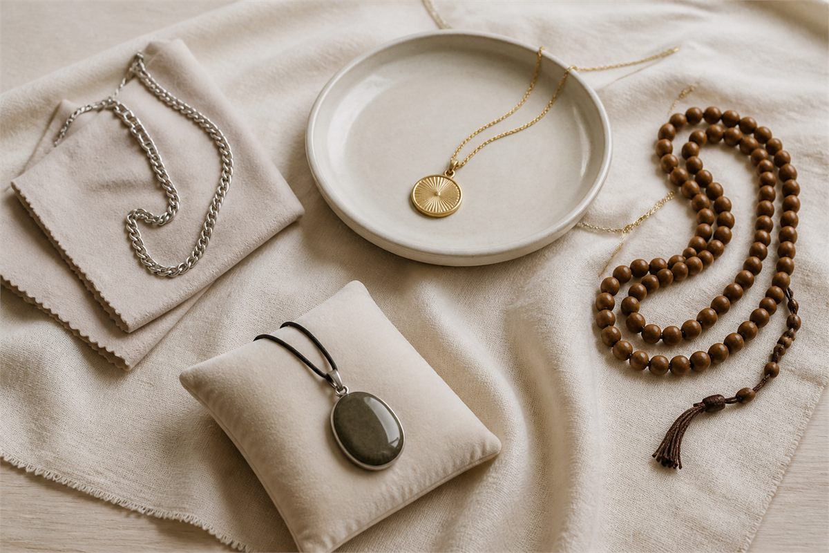 Silver chain, plated pendant, wooden beads, and stone pendant kept in separate care areas