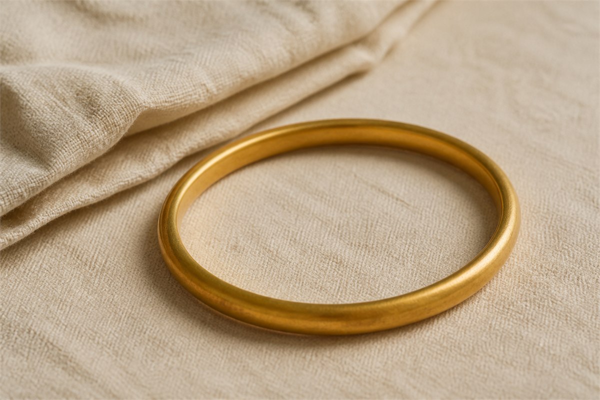 Matte gold bangle with a subtly smoother contact edge beside a soft cloth