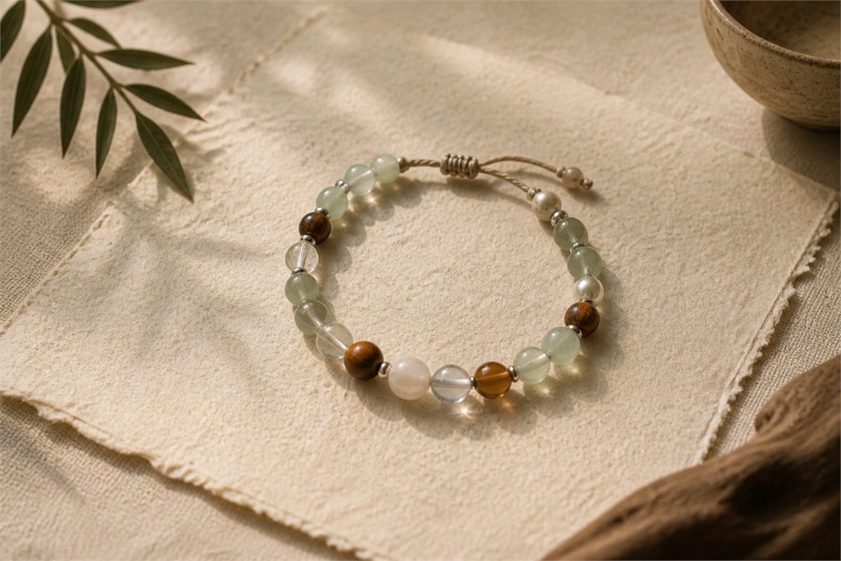 Mixed-material beaded bracelet arranged as a circle on warm ivory handmade paper