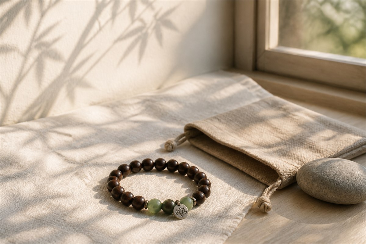 Wood and green bead bracelet near a soft pouch and river stone by a window