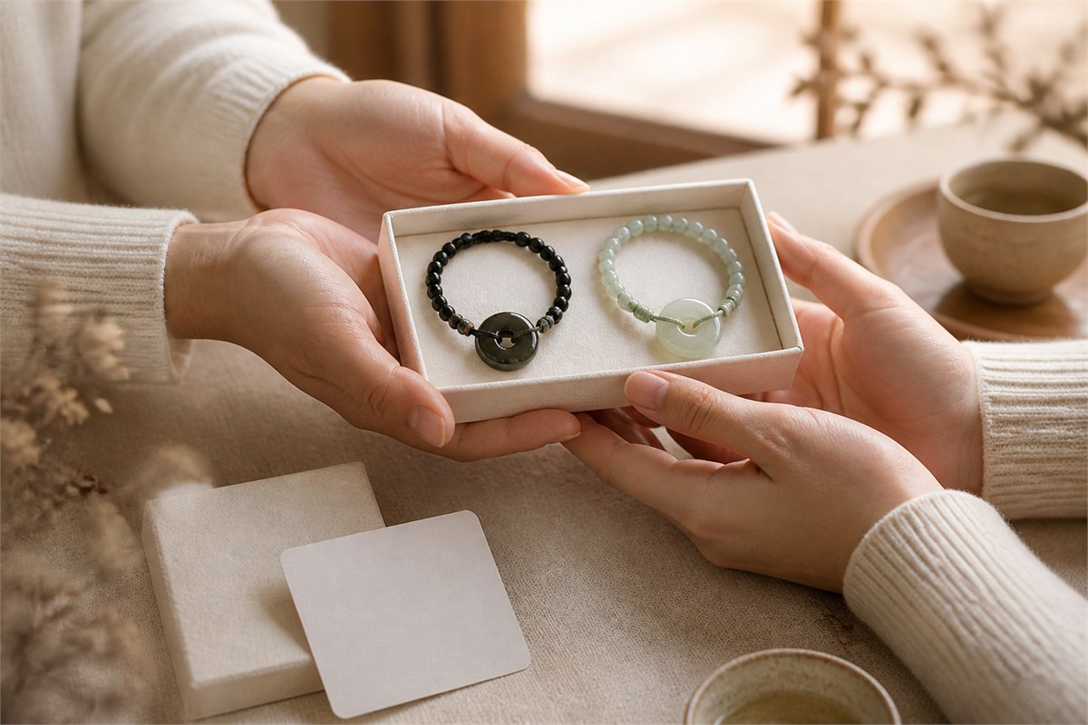 Two pairs of hands sharing a neutral jewelry box with black and pale green bracelets