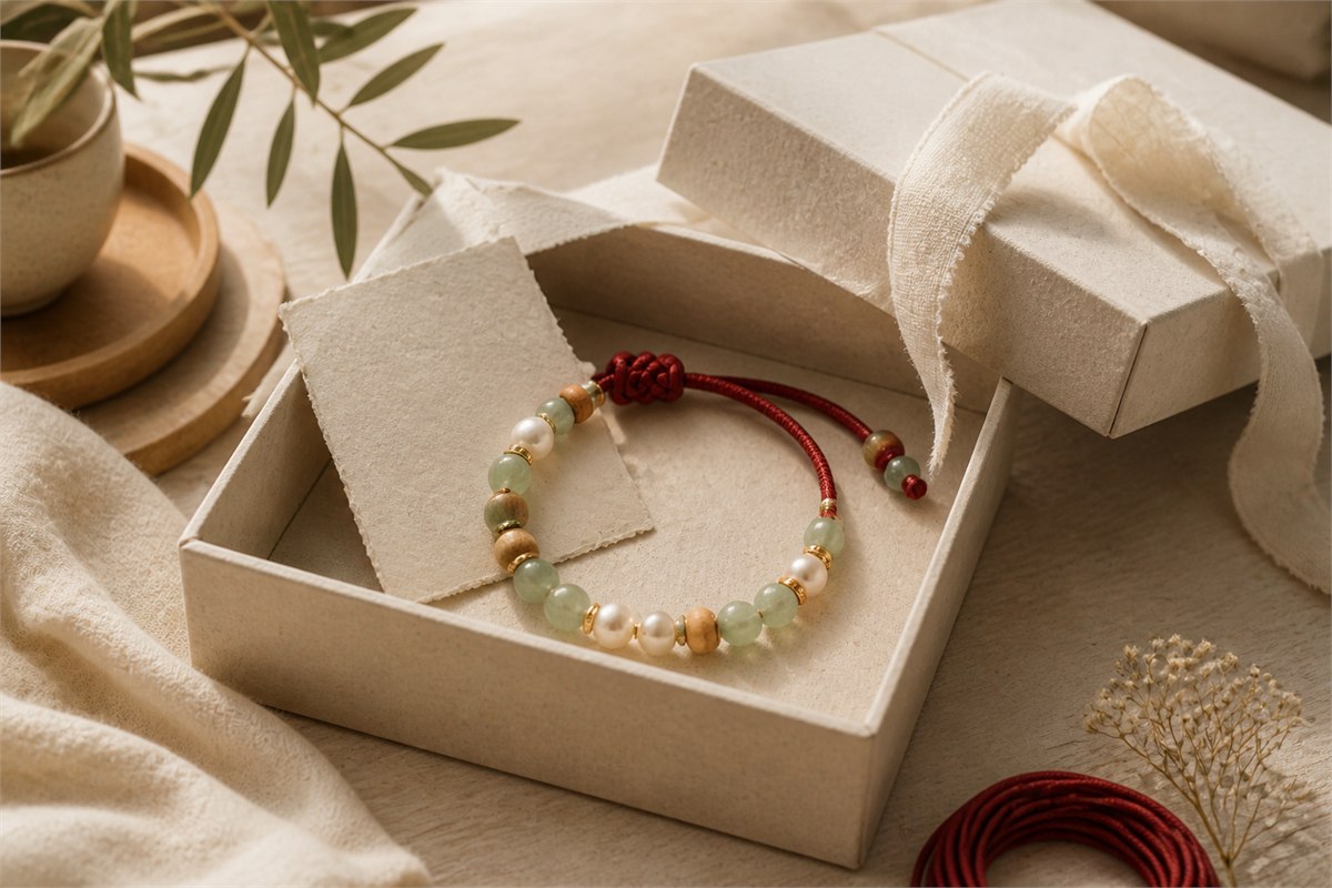 Jade, pearl, and wood bead bracelet in an ivory paper gift box with a blank note card