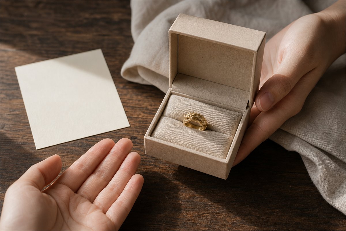 Gold dragon ring presented in a neutral gift box between two hands