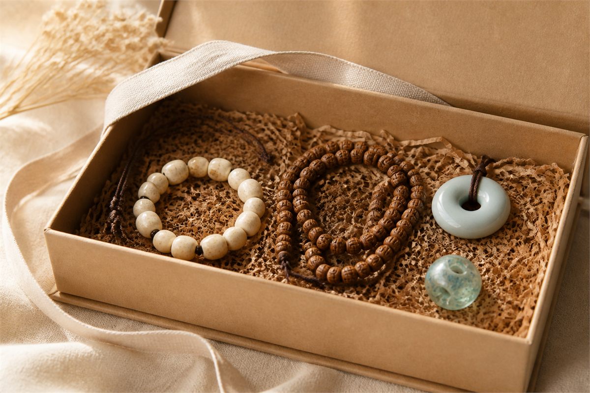 Open neutral gift box with a pale bone bracelet beside separate wood, ceramic, and glass alternatives