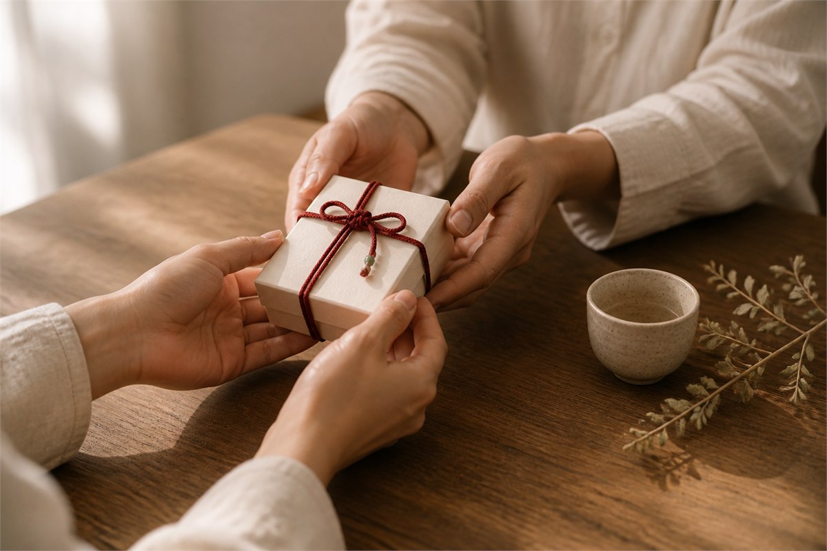 Two people exchanging a small cream gift box tied with muted red cord