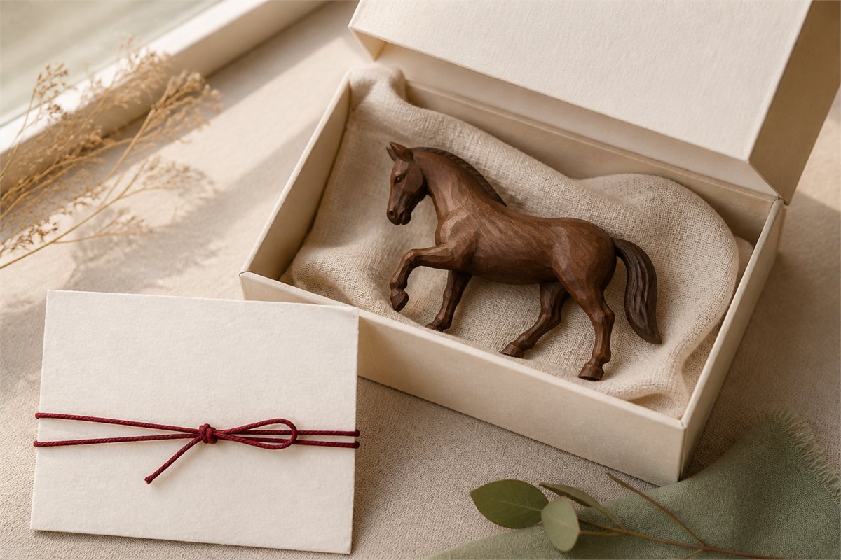 Carved walnut horse in an ivory gift box beside a blank card tied with muted red cord