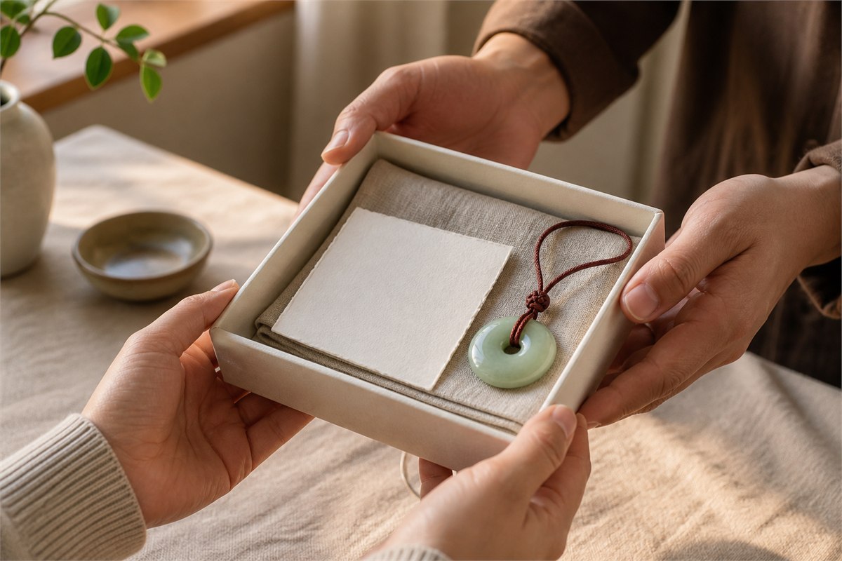 Hands offering a paper gift box with an uninscribed pale jade ring pendant, red cord, and blank note card