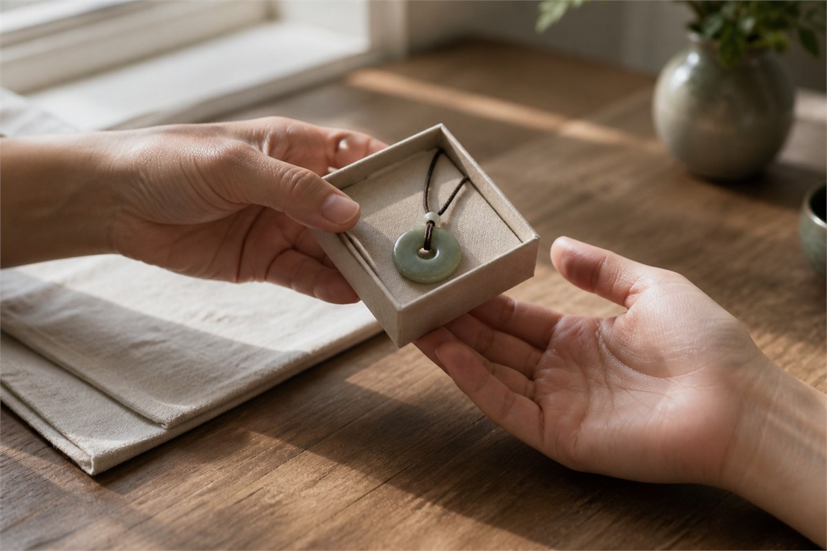 One adult offering another a small gift box holding a circular jade-toned pendant.