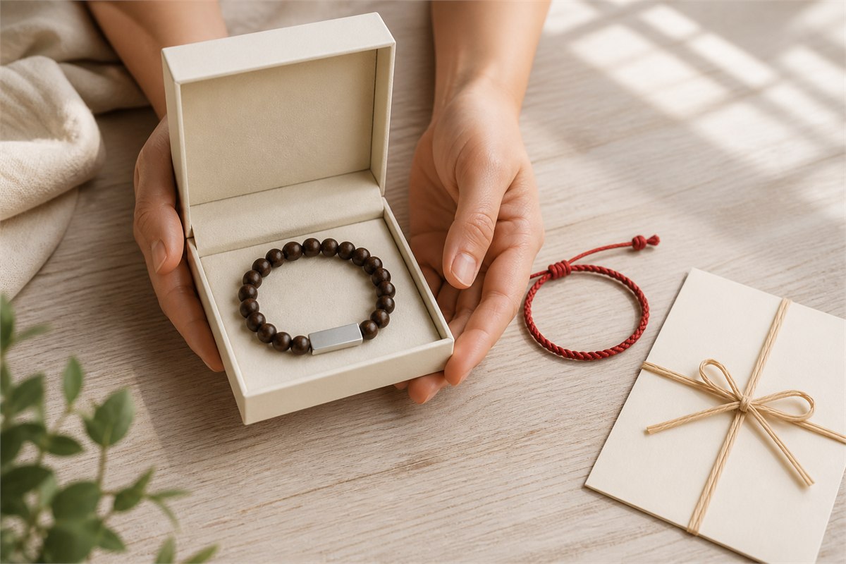 Two adult hands offer an ivory box with a wooden bead bracelet beside red cord and a blank gift card