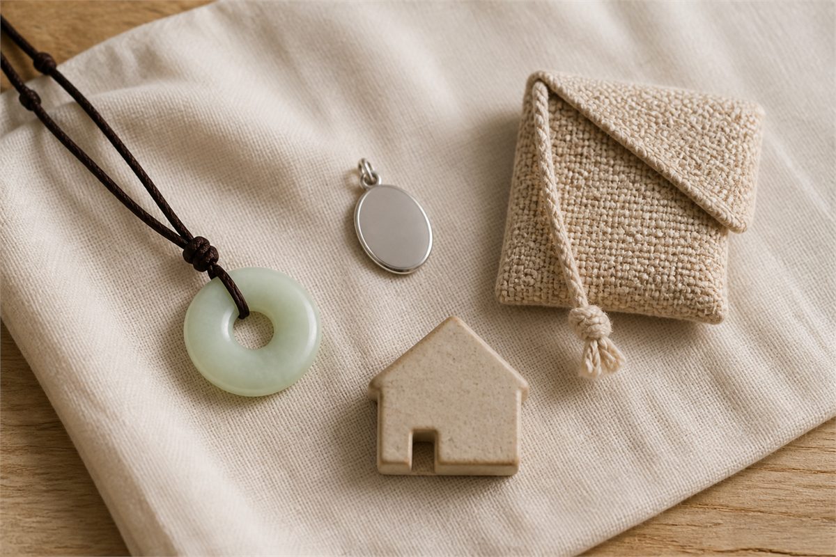 Jade pendant, silver-tone charm, woven pouch, and ceramic house token