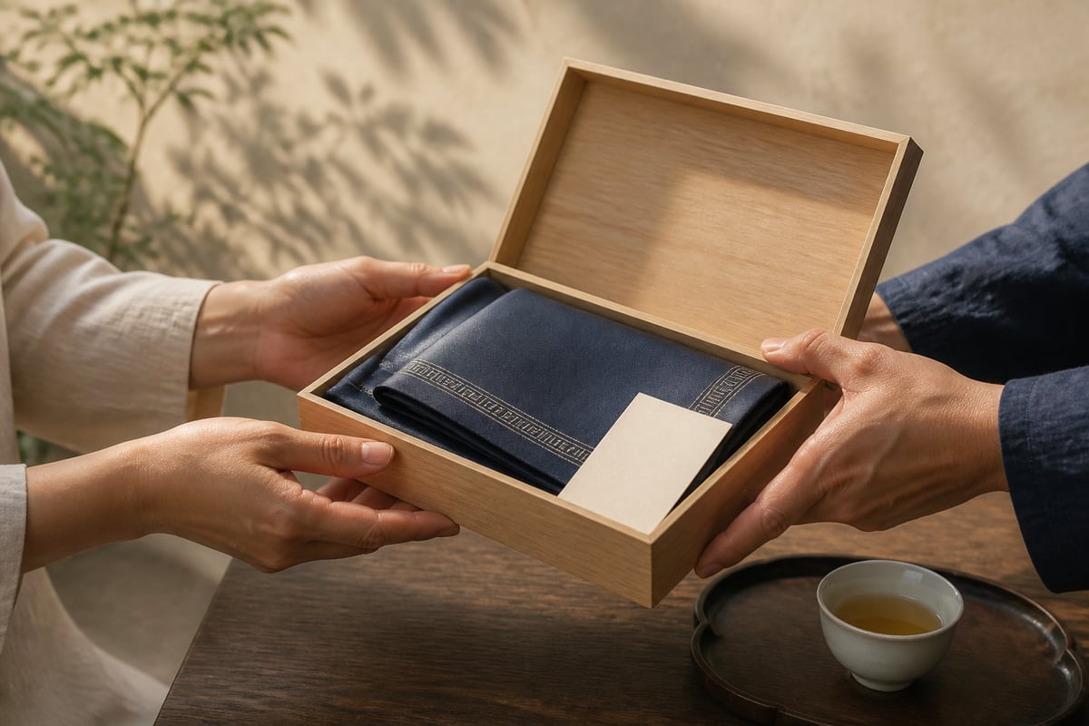 Two people exchange a wooden box holding a folded indigo textile and a blank enclosure card