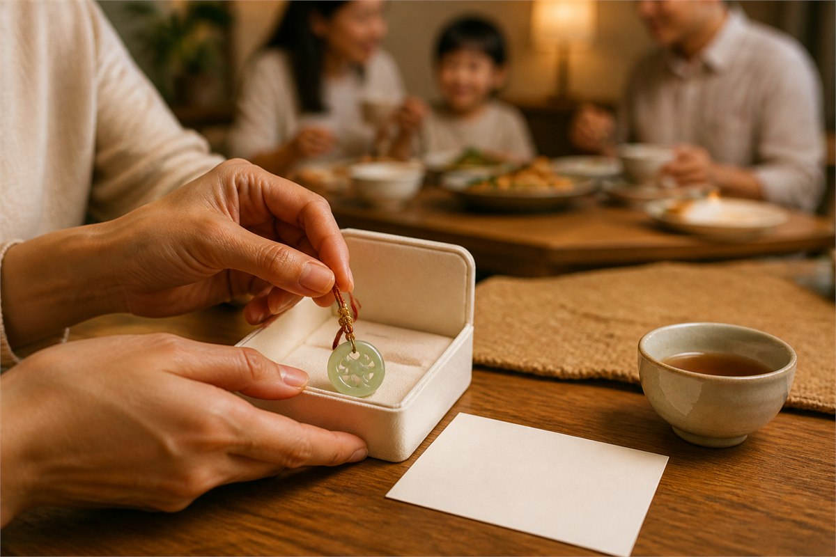 Hands placing a pale green pendant into an ivory keepsake box beside tea and a family table
