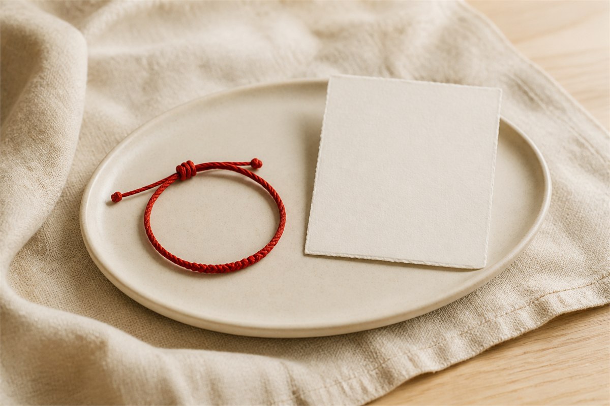 Simple red cord bracelet and blank blessing card arranged on a pale ceramic tray