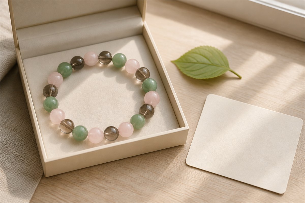 Rose quartz, green aventurine, and smoky quartz bracelet in an ivory gift box beside a blank card.