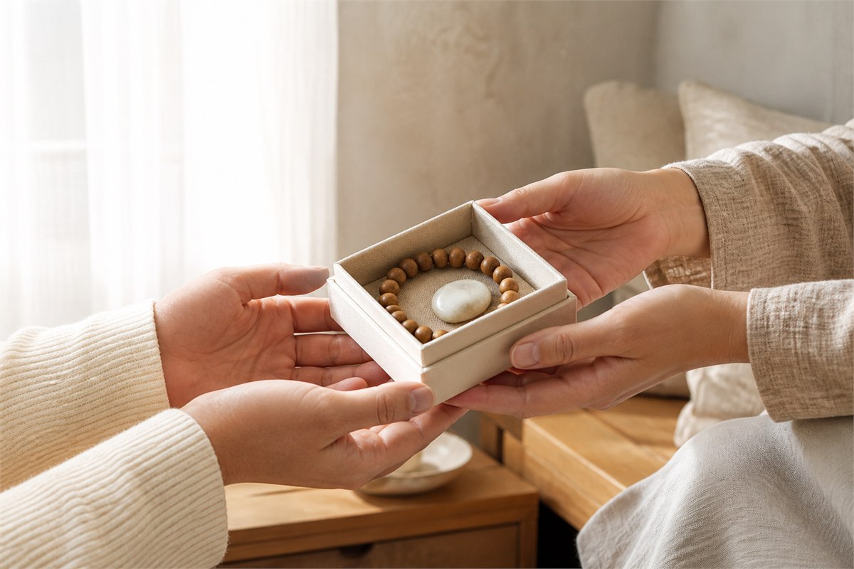 Two people exchanging a cream box with a wooden bead bracelet and pale stone