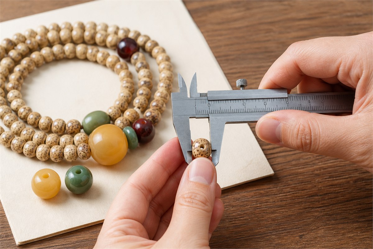 Hands measuring a natural Bodhi bead with a metric caliper beside a mala