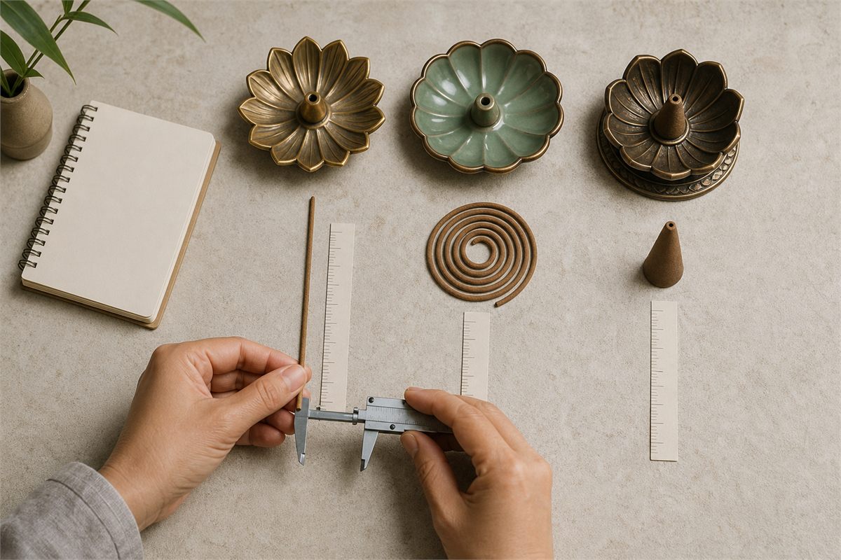 Adult hands measuring an incense stick beside coils, cones, and separate lotus holders