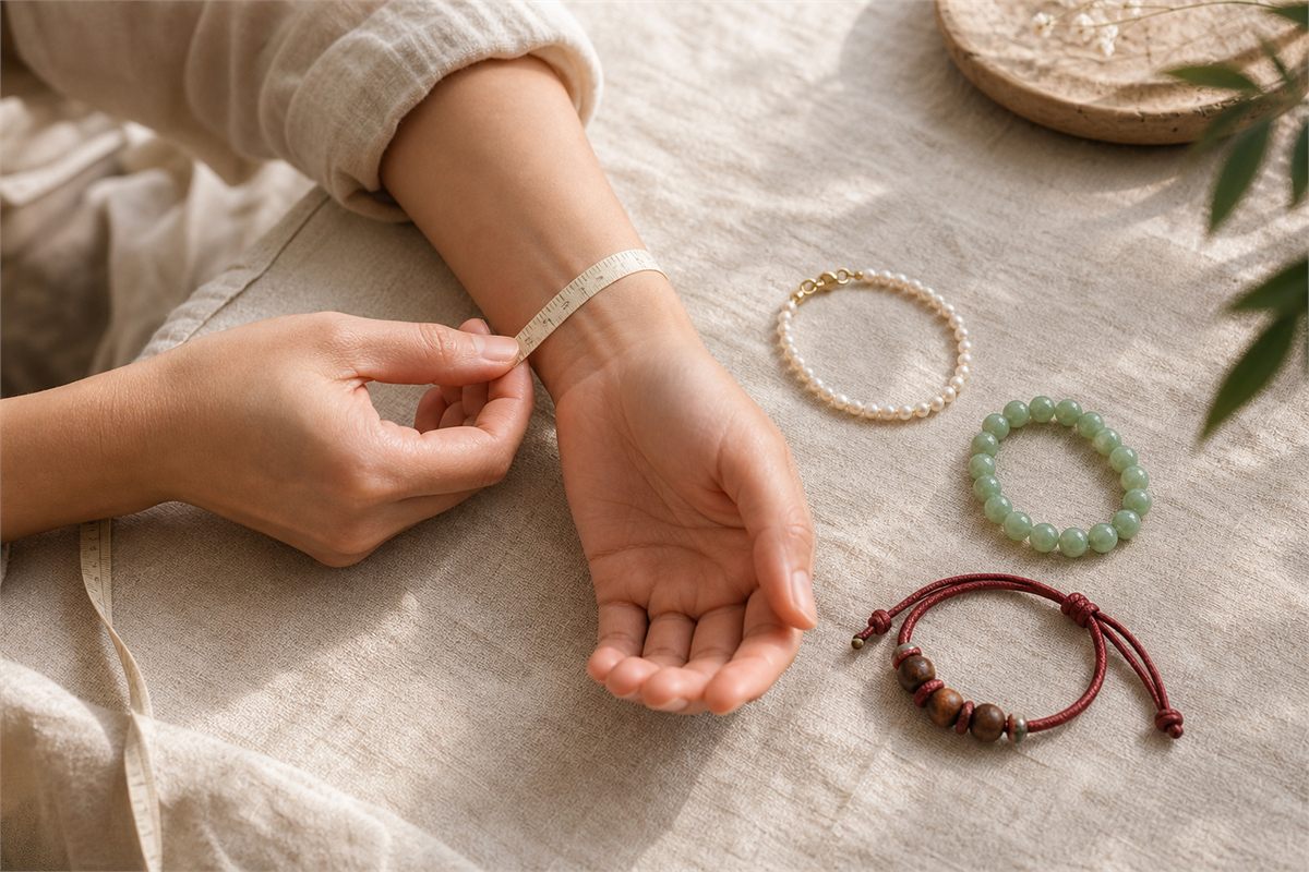 Soft measuring tape around an adult wrist beside pearl, jade, and wood bracelets