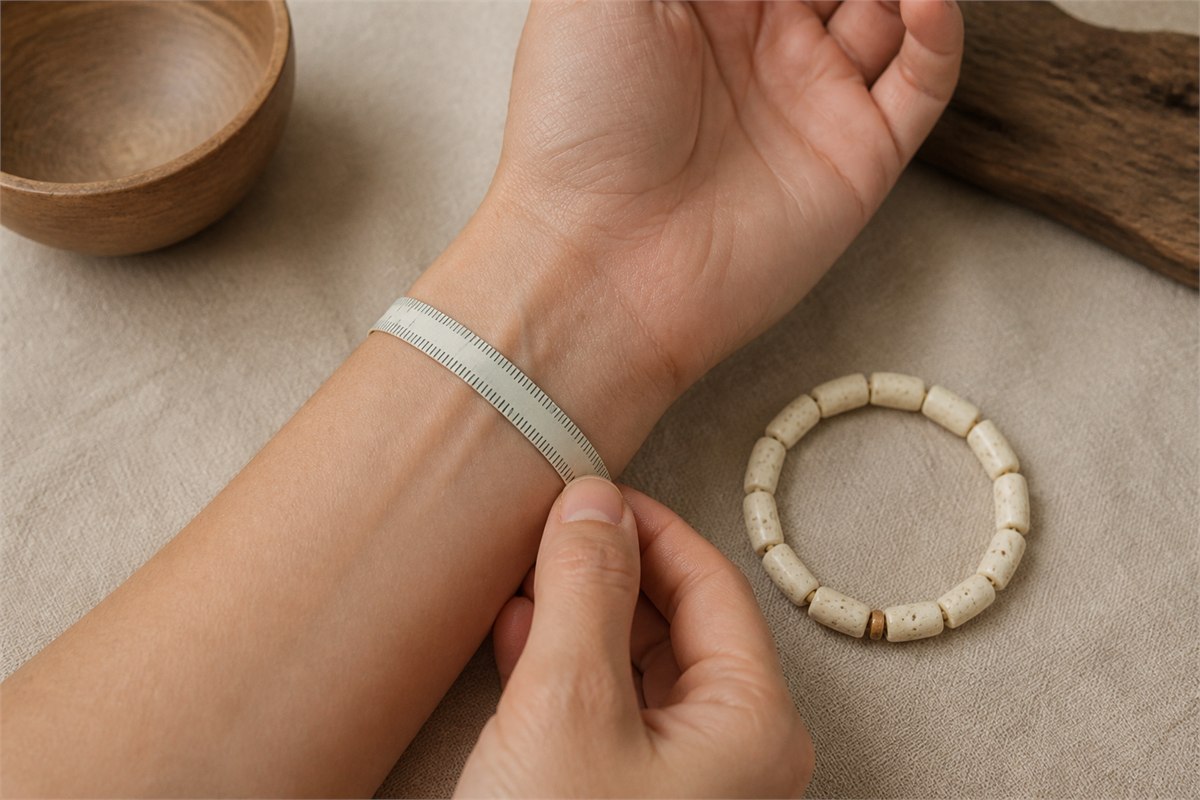 Adult measuring a wrist with a flexible tape beside a bone bead bracelet