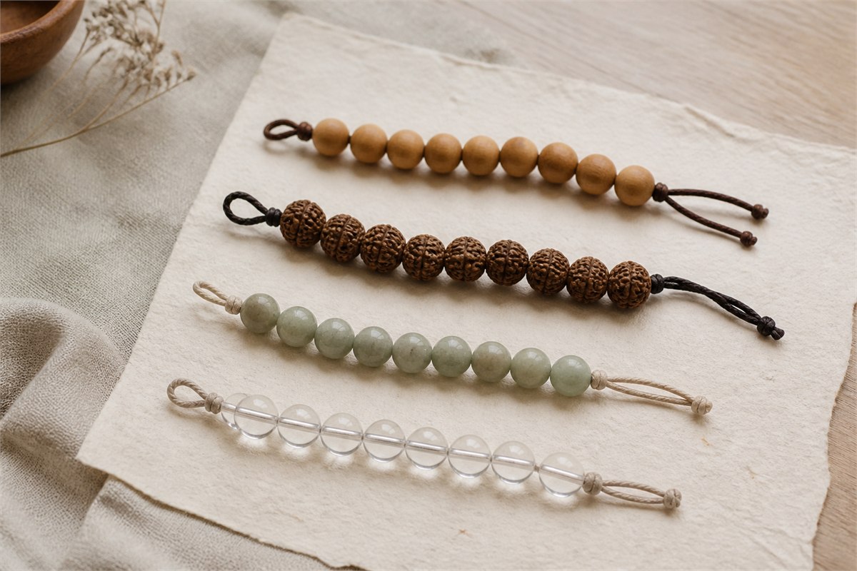 Separate samples of wooden, textured seed, pale green stone, and clear glass beads on different cords