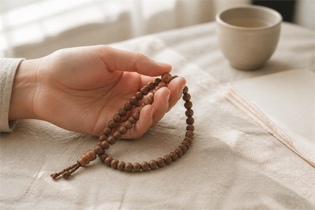Adult hand gently holding a natural wooden meditation bead strand on warm ivory linen