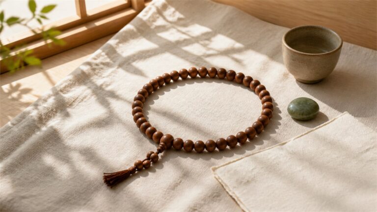 Natural wooden meditation bead strand in an open circle on ivory linen beside a green stone and ceramic cup