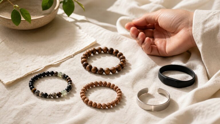 Wooden, seed, stone, blank metal, and plain smart bracelets arranged near a relaxed hand on ivory linen