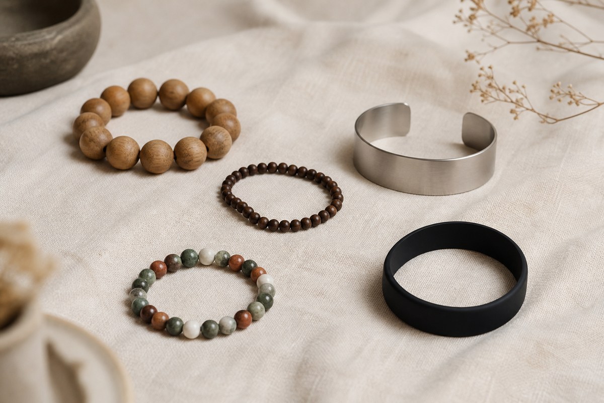 Wooden tactile bracelet, seed wrist strand, stone bracelet, blank metal cuff, and plain smart band arranged separately