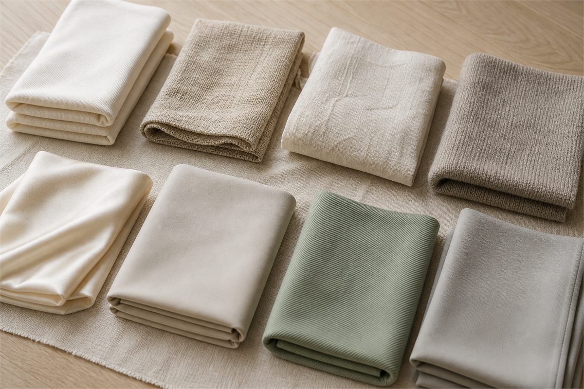 Eight neutral fabric samples with knitted, woven, smooth, crisp, and stretch textures