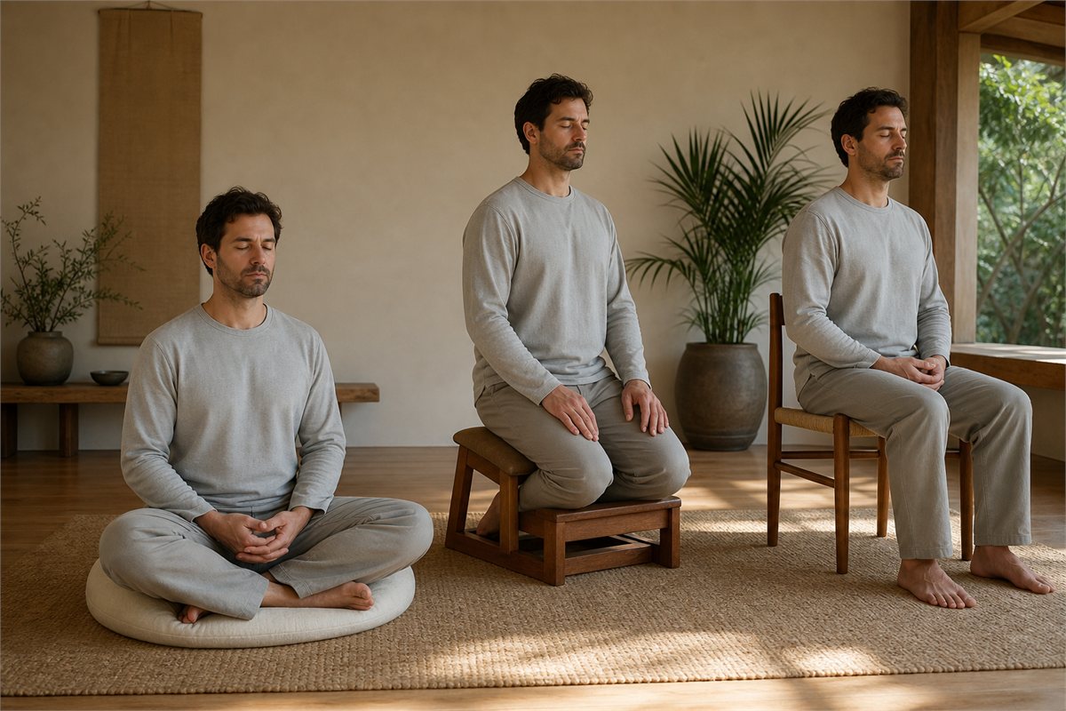 Man testing relaxed clothing in cross-legged, kneeling-bench, and chair meditation positions
