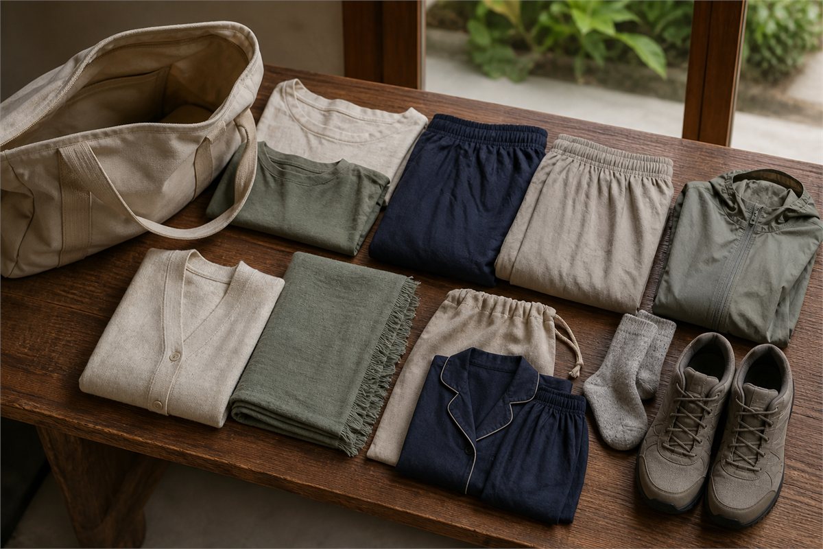 Open canvas bag with folded tops, trousers, cardigan, shawl, sleepwear, socks, shoes, and rain layer