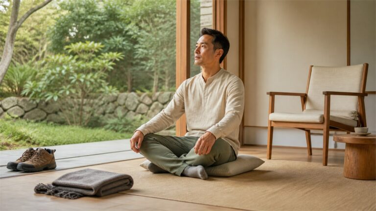 Man seated comfortably in relaxed meditation clothing beside a chair, folded layer, and walking shoes