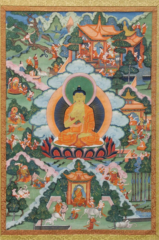 Nineteenth-century Tibetan thangka with a seated Buddha surrounded by narrative scenes