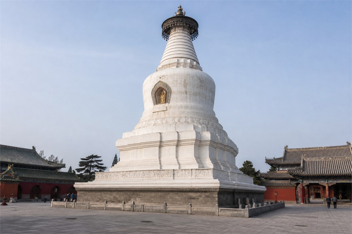 White stupa of Miaoying Temple in a historic Beijing temple courtyard