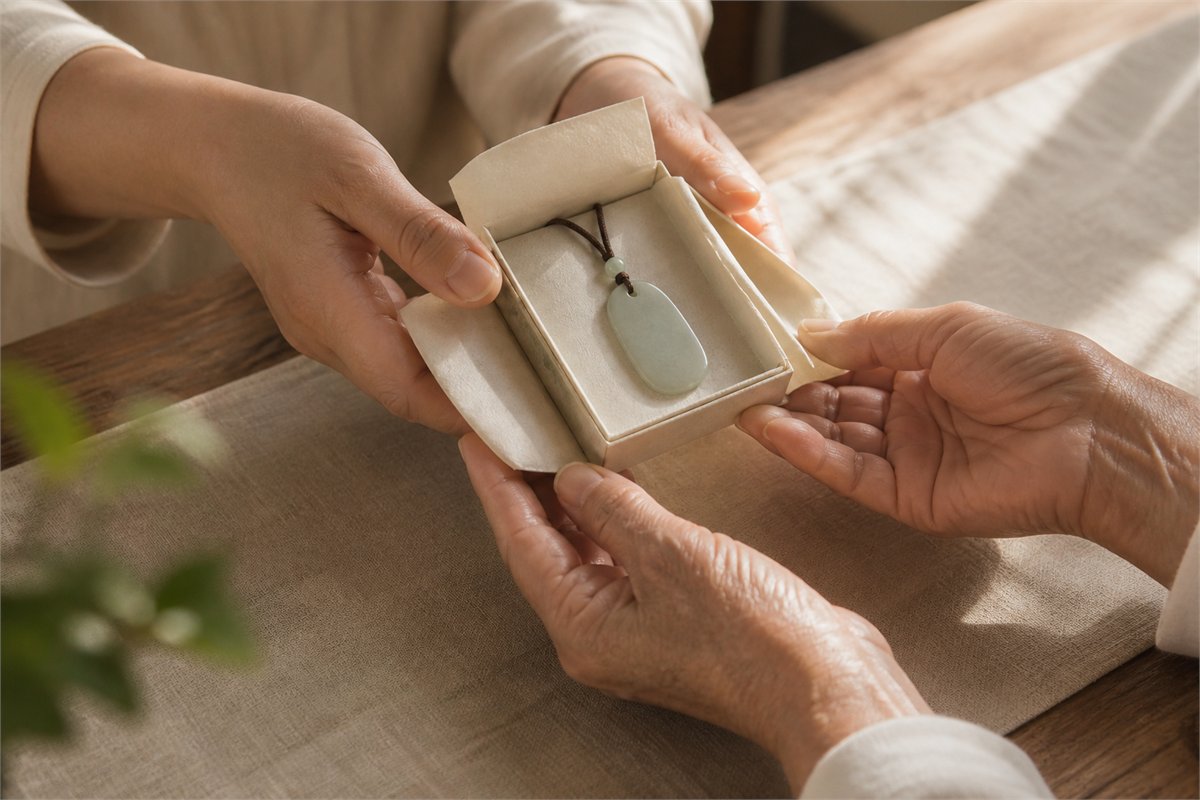 Adult hands offering a blank pale jade pendant in a paper box to older hands
