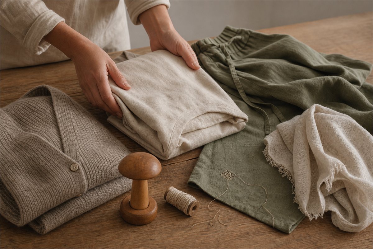 Hands folding neutral garments beside thread and a small wooden darning tool