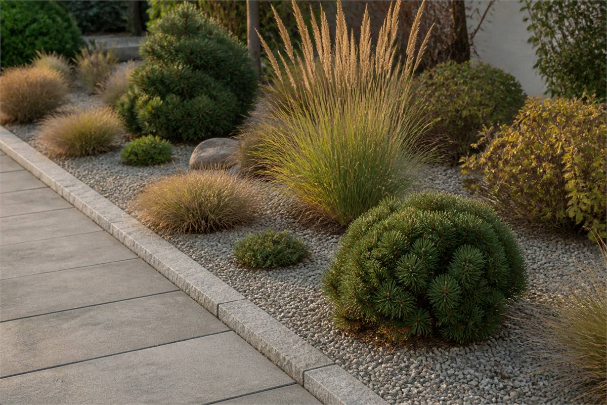 Muted gravel mulch around ornamental grasses and shrubs with clear space at plant crowns