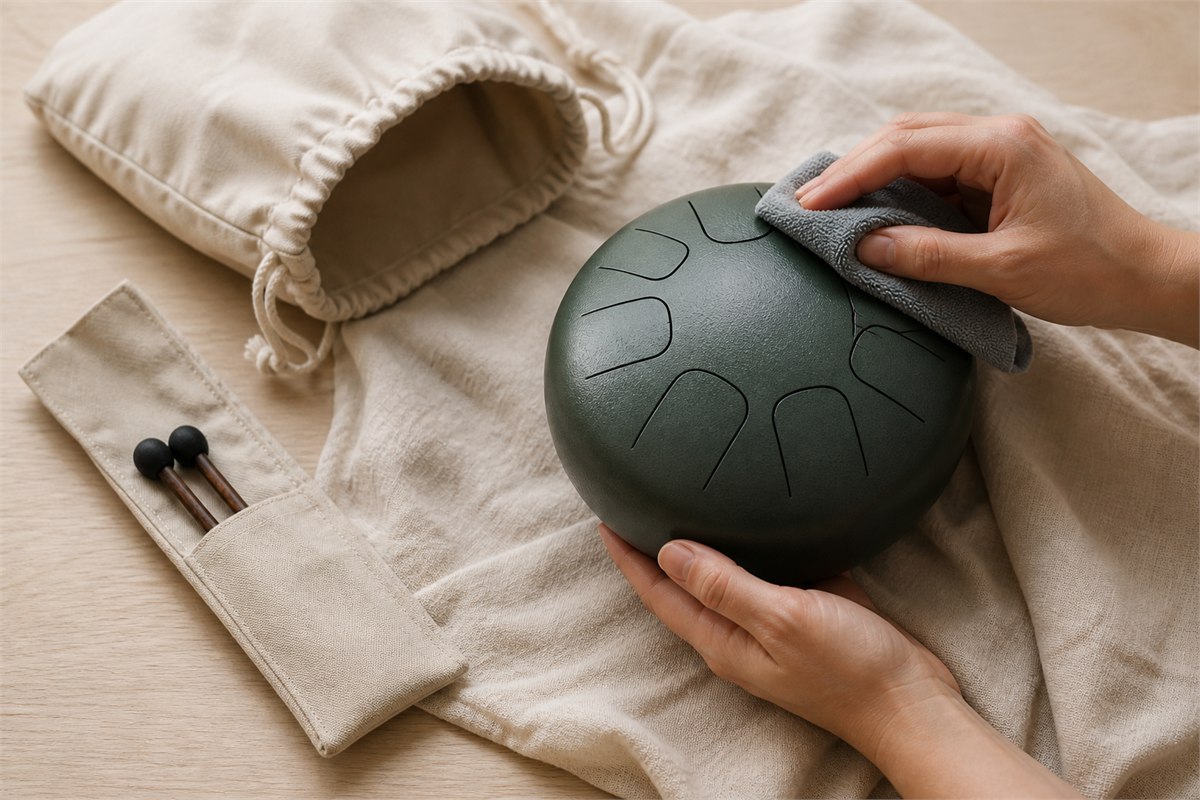 Adult hands wiping a steel tongue drum with a dry soft cloth beside a fabric storage bag