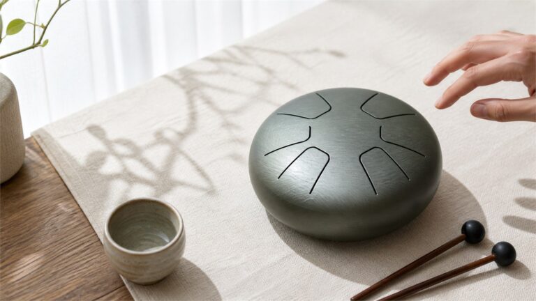 Six-tongue mini steel drum with soft mallets and an adult hand in warm window light
