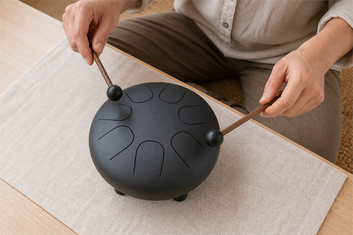 Adult hands holding two soft mallets above an eight-tongue drum on a padded table