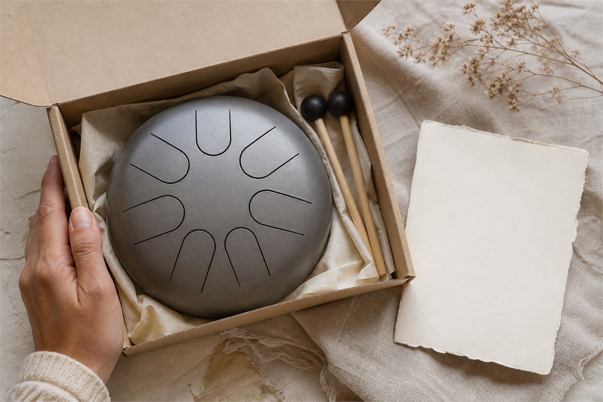 Eight-tongue steel drum and soft mallets in a neutral paper gift box beside a blank card