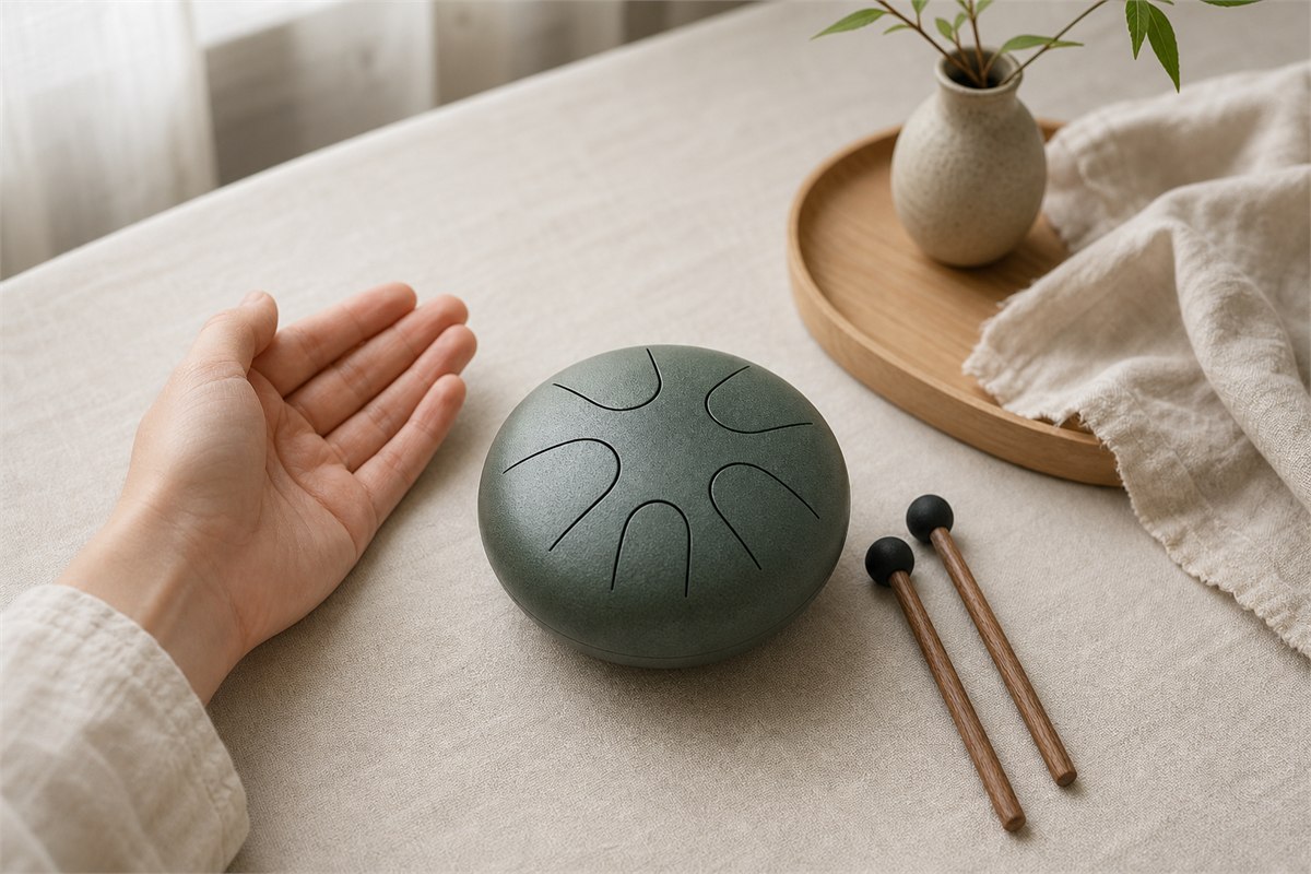 Palm-sized six-tongue steel drum with two soft mallets on warm ivory linen