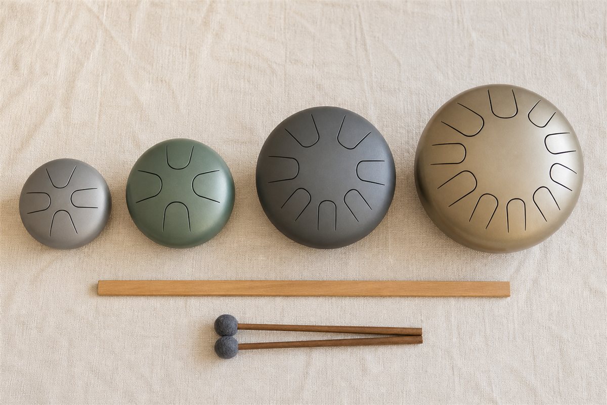 Four steel tongue drums arranged from smallest to largest beside soft mallets