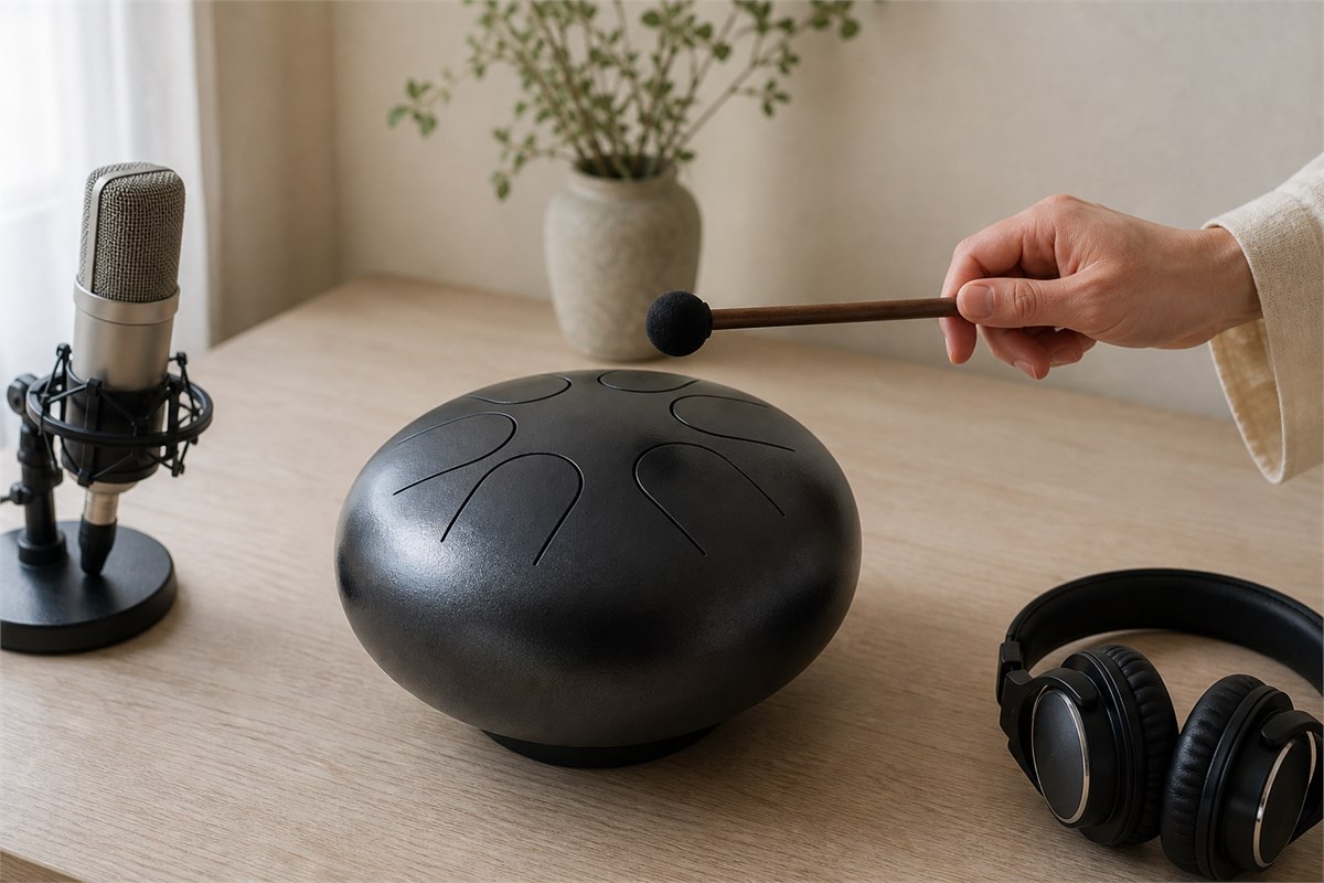 Steel tongue drum played with a soft mallet beside a microphone and headphones