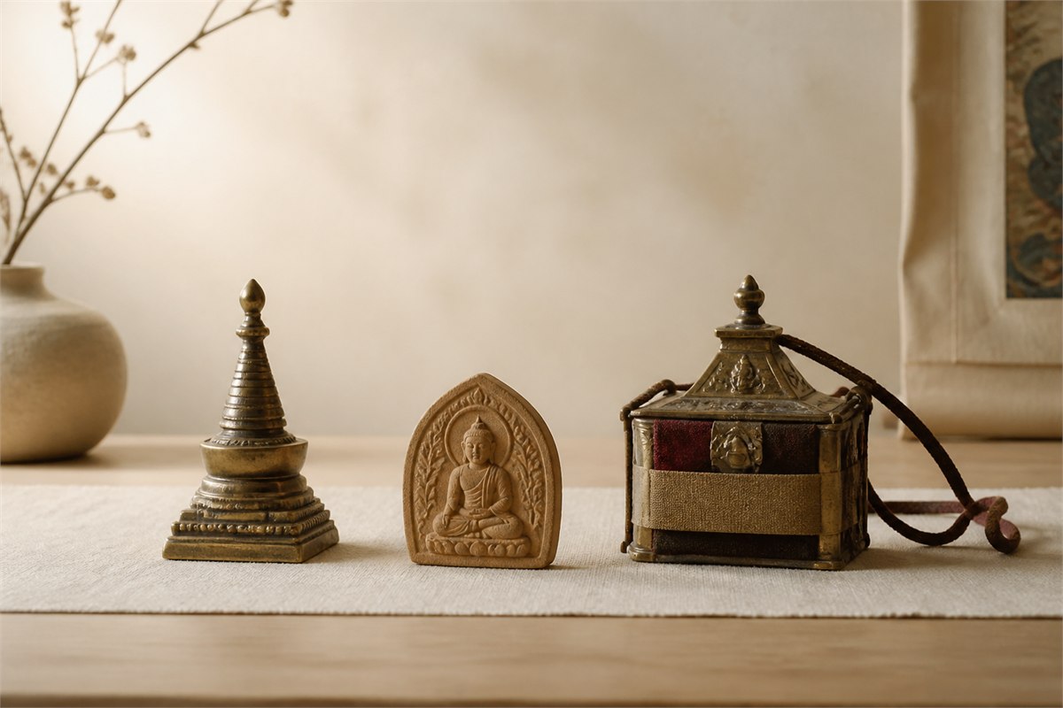 Modern brass miniature stupa clay tsa tsa and closed gau displayed separately on a study table
